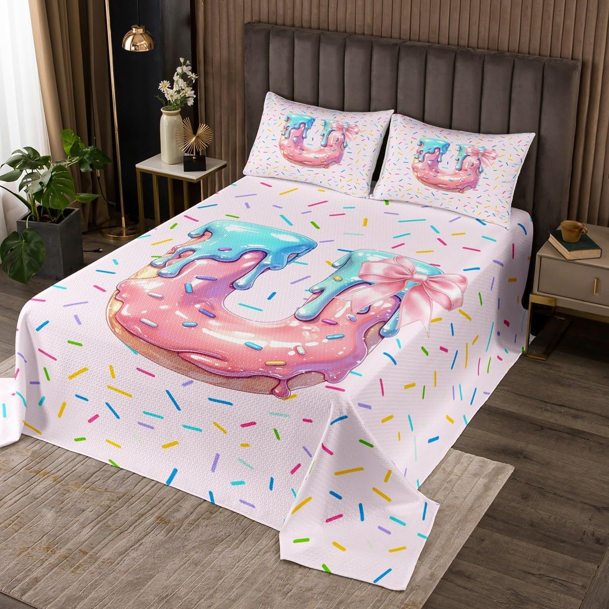 Erosebridal Letter Coverlet Set Twin Size Bowknot Bedspread Children Girls Pink Donut Kids Alphabet Bow Cute Quilted Coverlet Initial U Soft Luxury Quilted