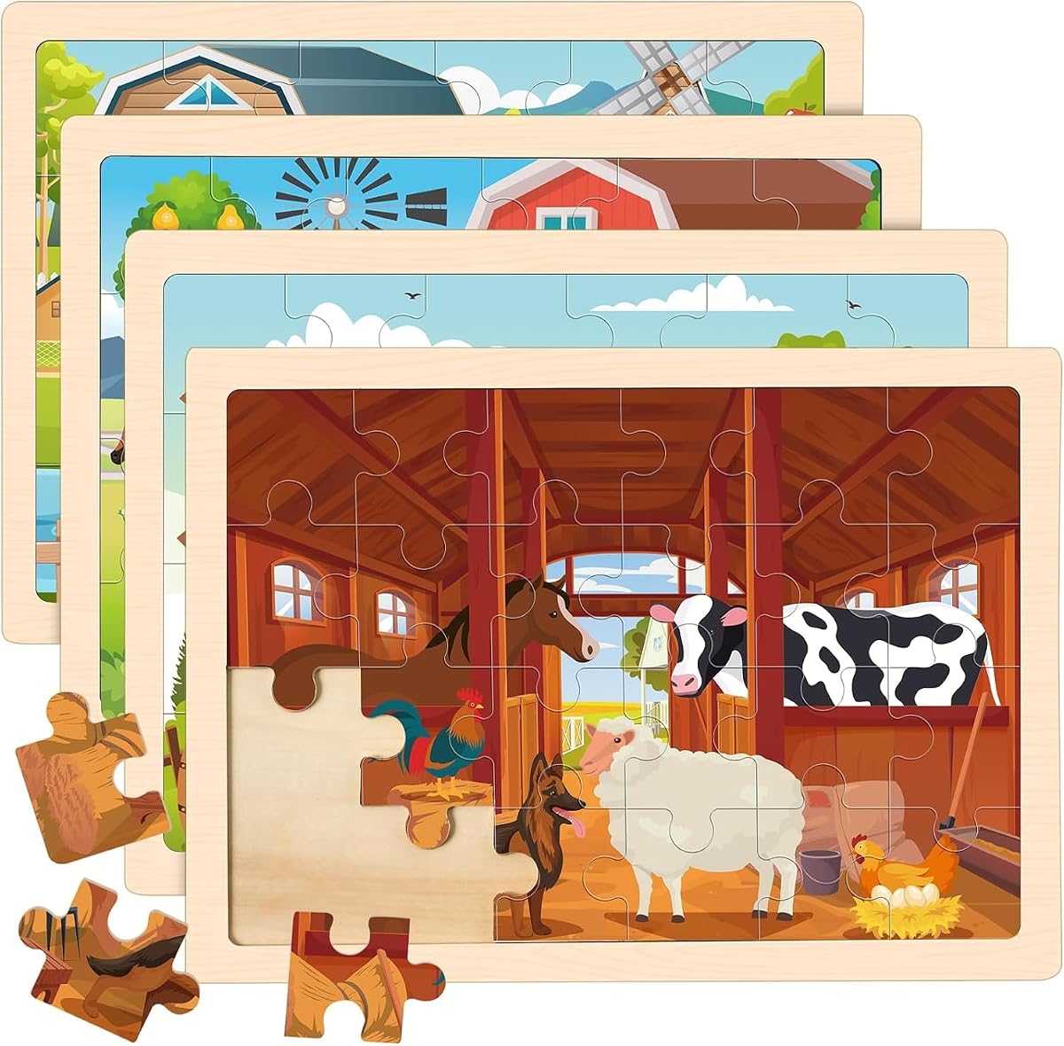 Paquete de 4 rompecabezas de madera para niños de 3 a 5 años, juego de animales de granja de 24 piezas | Rompecabezas para niños de 3 a 5 años, rompecabezas preescolares con tableros de madera para habilidades motoras finas, reconocimiento de formas y viajes