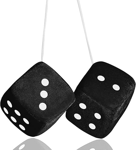 Dados peludos para espejo retrovisor, dados negros peludos para espejo de automóvil, 2.75 pulgadas, par de dados colgantes cuadrados retro de felpa