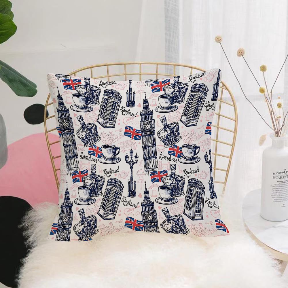 HYOSXW Cushion Cover,Throw Pillow Case Home Decorative for Living Room Bedroom Sofa Chair 16X16 Inch,London seamless pattern with sketch telephone booth Big Ben crown vector illust,Pillowcase 40X40cm