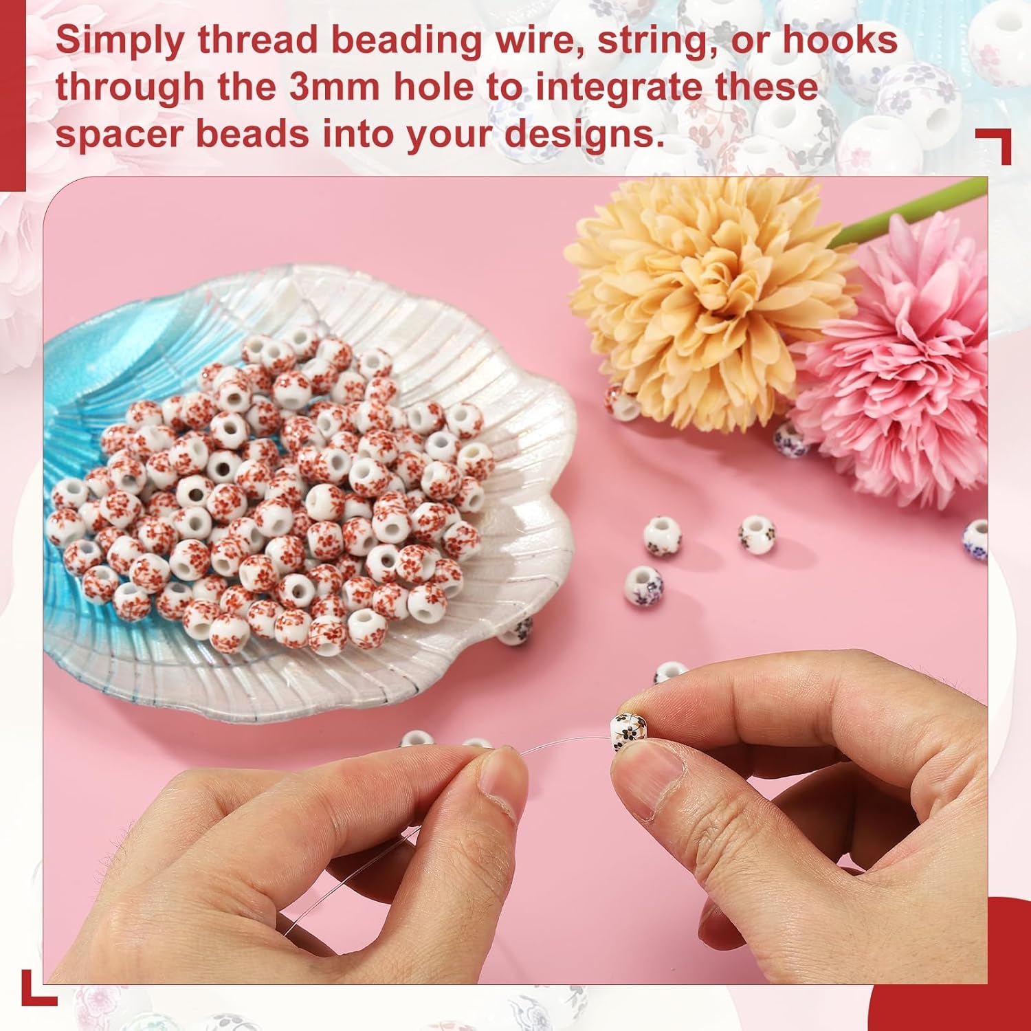 PATIKIL 50 Pcs Ceramic Beads for Jewelry Making, 10mm Flower Printed Round Porcelain Beads Handmade Glazing Beading Supplies for Earring Necklace Bracelets Crafts, Light Blue Plum Blossom - Image 4