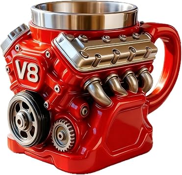 Generica V8 Engine Block Coffee Mug | 3D Resin & Stainless Steel Cup | Novelty Mechanic Gifts for Men Dad Husband | Automotive Muscle Car Decor & Souvenir for Car Guys Vintage Red