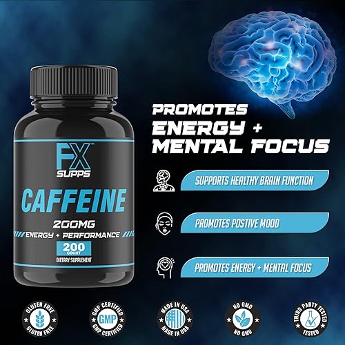 Miniatura 4 de FXSUPPS Píldoras de cafeína de 200 mg (paquete de 3, 600 cápsulas)  Suplemento de apoyo energético de acción rápida para hombres y mujeres  Apoya la