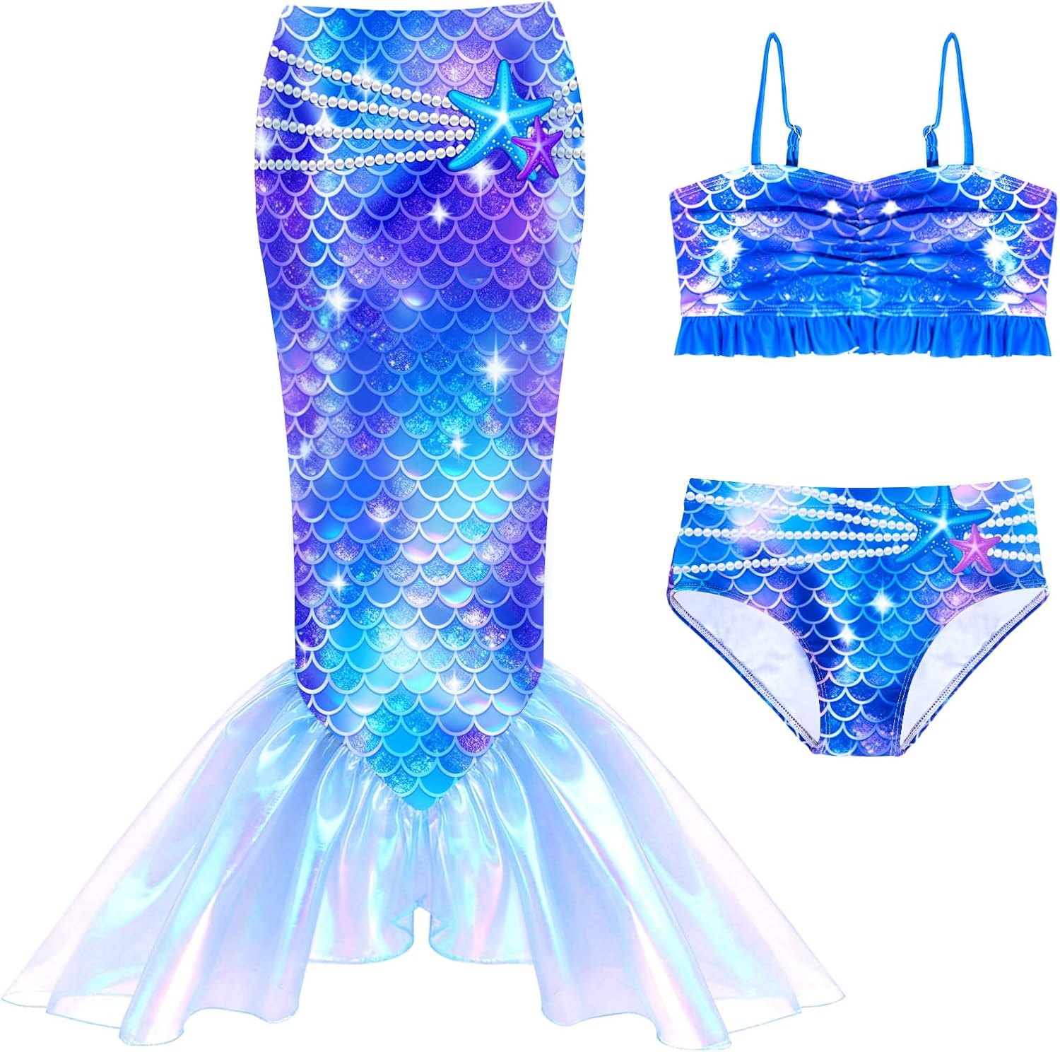 Girls Swimsuit 3 Piece Mermaid Bathing Suit Adjustable Straps Bikini Sets with Cute Organza Cover Ups Skirt 3-10Y