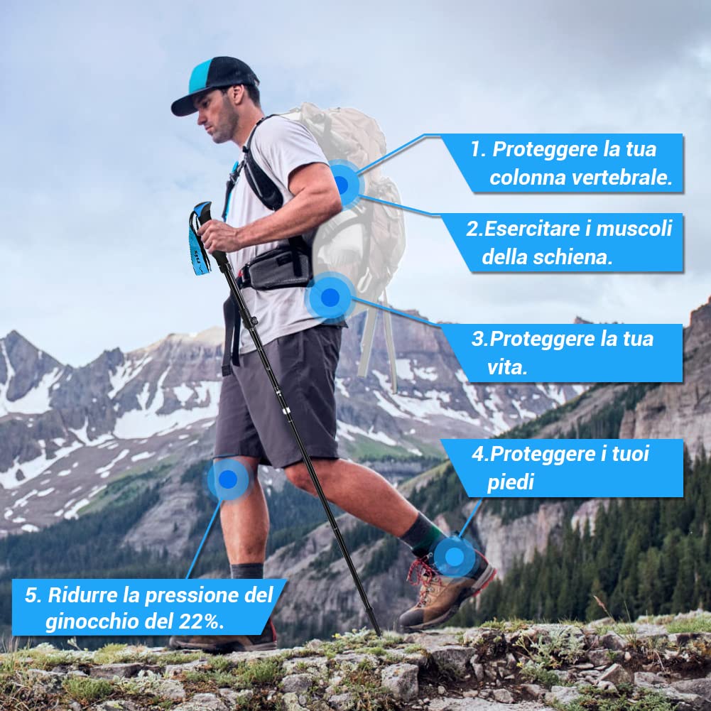 Glymnis Bastoni Trekking Bastoncini da Trekking Pieghevoli e Antiurto 110-130cm 5 Sezioni in Alluminio 7075 Impugnatura in Eva Punta in Carburo di Tungsteno per Escursioni 1 Paio