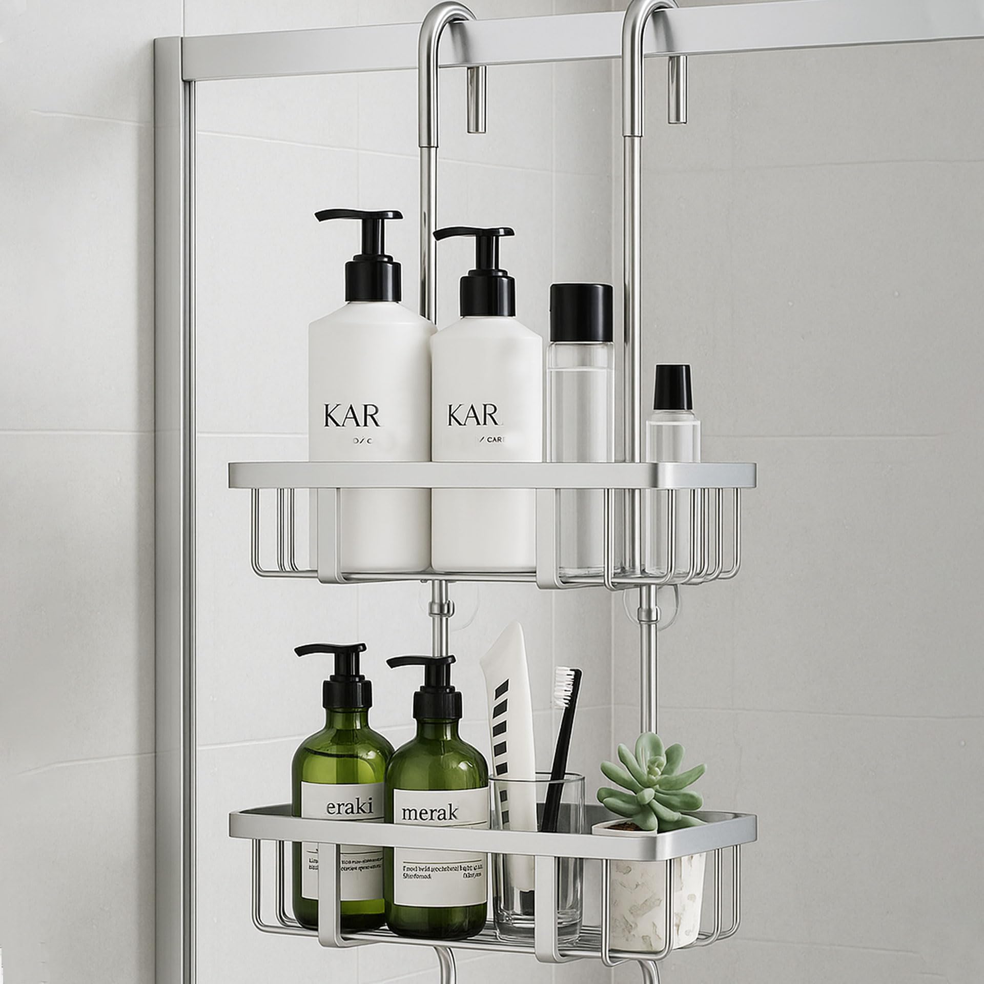 pickpiff Duschablage Zum Hängen Duschregal Shampoo Halterung Für Dusche Glastür Duschkorb Ohne Bohren Shampoo Duschgel Halterung Edelstahl Silber H-57cm