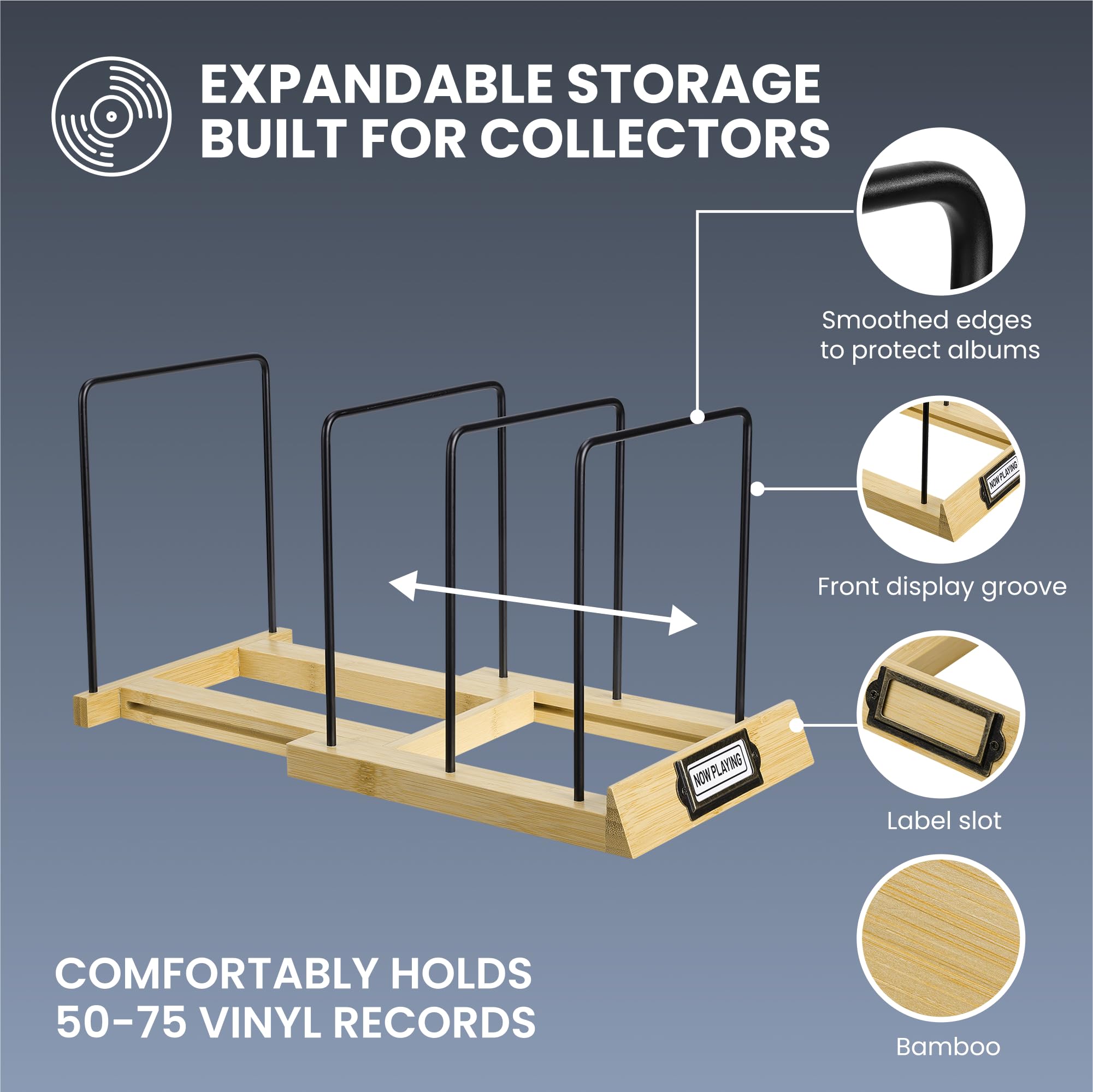 Big Fudge Porta Vinili da Mobile - Contenitore Porta Dischi Vinile - Portavinili Espandibile da 50 a 75 LP - Espositore Vinili - Vinyl Holder Elegante in Bambù
