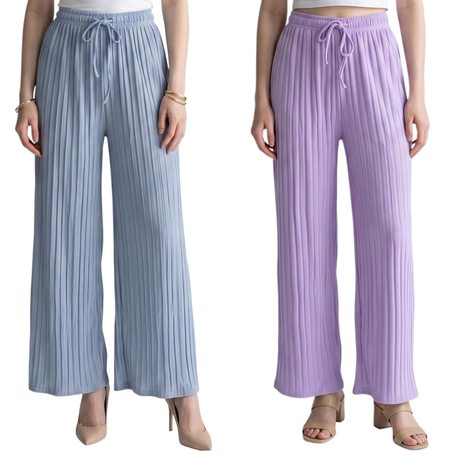 Women's Wide Leg Palazzo Pants Combo | Pack of 2 | Breathable & Pleated Fabric | Wide Leg Bottom | Straight Fit | High Rise Trousers for Women-picture-29