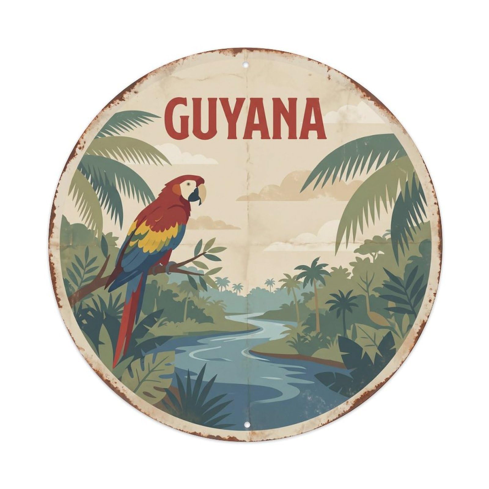 Vintage Guyana Scarlet Macaw River Forest Metal Tin Sign