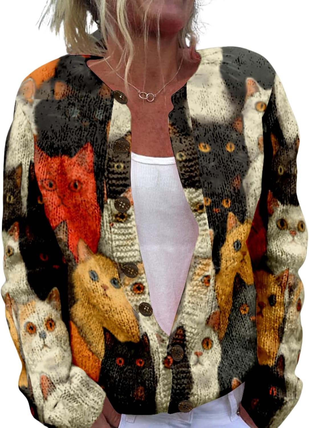 Cat Sweaters for Women Cute Button Up Cardigan Oversized 2024 Fall Fashion Crewneck Dressy Trendy Tunic Sweater