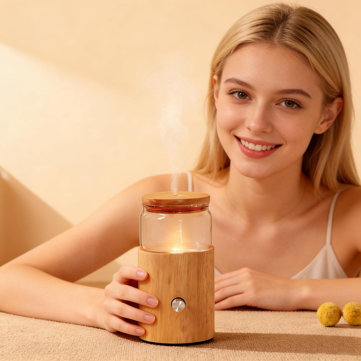 Waterless Essential Oil Diffuser - Electric Wood Glass Ultrasonic Fragrance Aromatherapy Scent Aroma Diffuser for Home Car, Cold Air Smart Therapy Nebulizing Aromas Difusor para Casa Carro