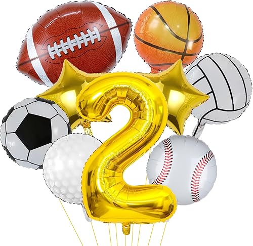 9 globos deportivos, fútbol, baloncesto, béisbol, voleibol, golf y fútbol, globo de aluminio de Mylar con número de cumpleaños deportivo,