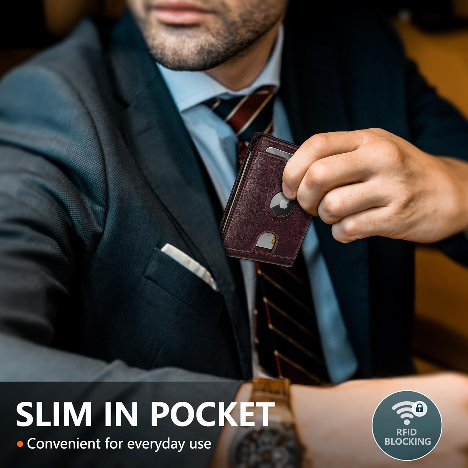 Airtag Wallet for Men,with Cash Pocket 2 ID Window 13 Cards,Slim Leather Wallet Front Pocket Card Holder RFID Blocking with Gift Box - Image 4