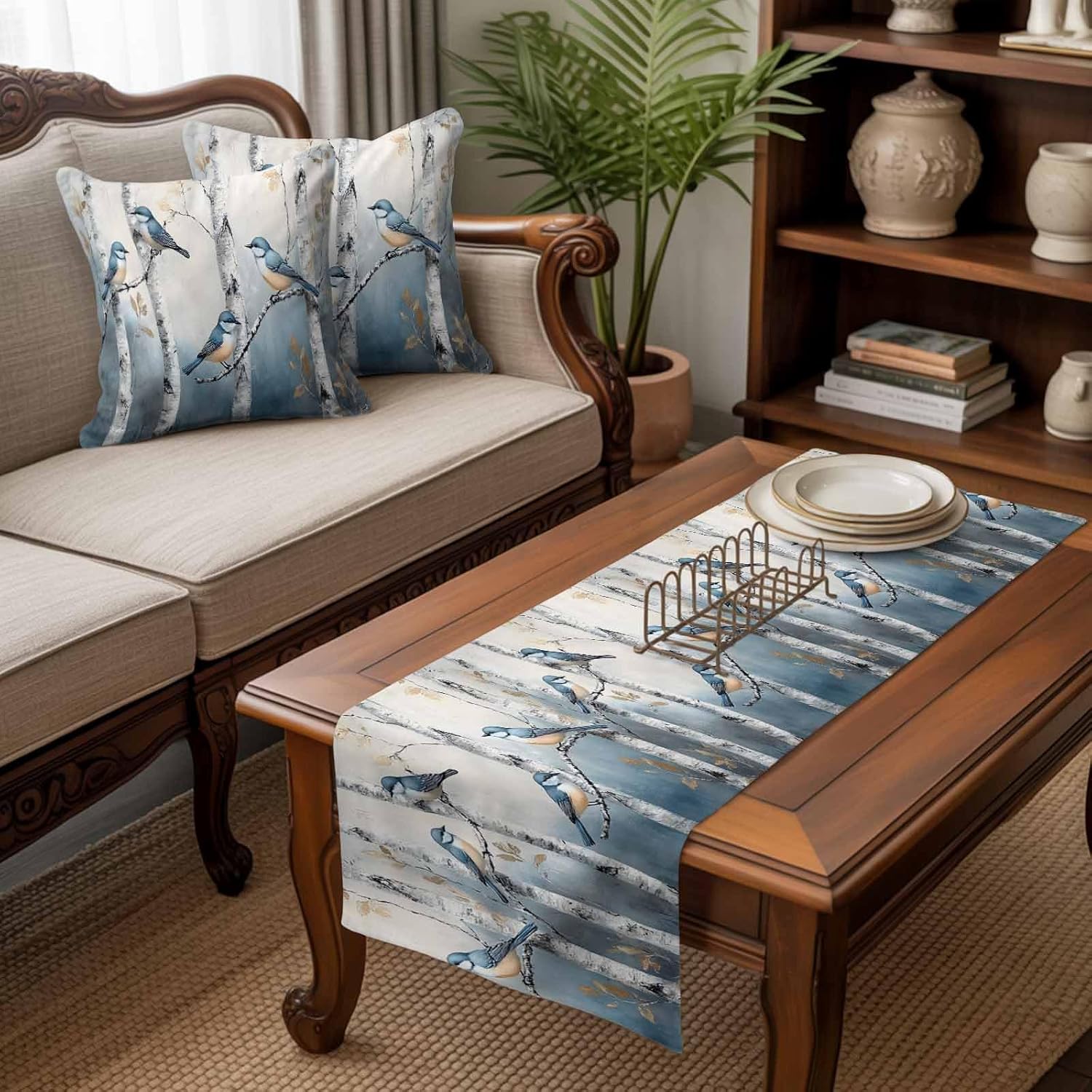Spring Birds Bed Runners for Queen Size Beds Grey Forest Tree Branch Oil Painting Bed Scarf Matching Decorative Throw Pillow Covers Hotel Beds End Blanket Towel Soft Bedspread Protection for Bedroom