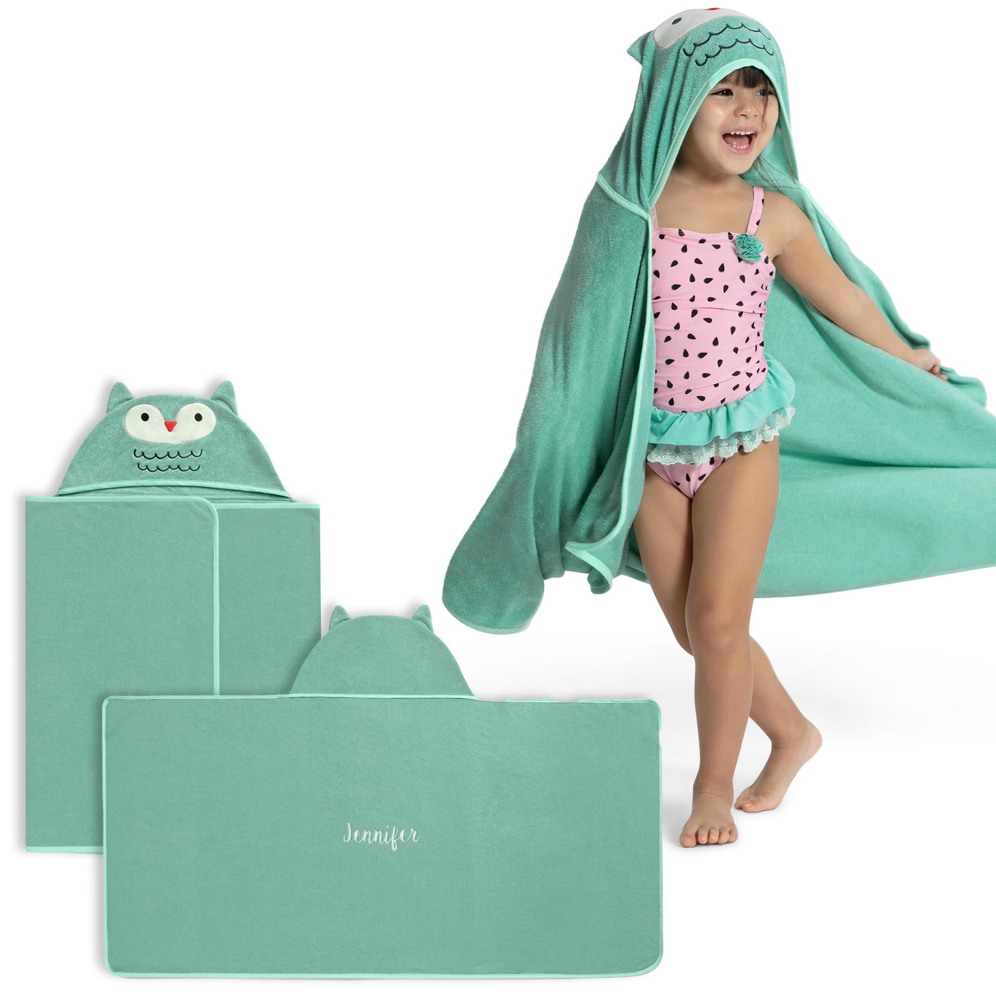 Delta Children Personalized Kids Hooded Bath Towel with Pockets - Super Soft and Absorbent- Great Gift for Boys and Girls, Light Teal Owl
