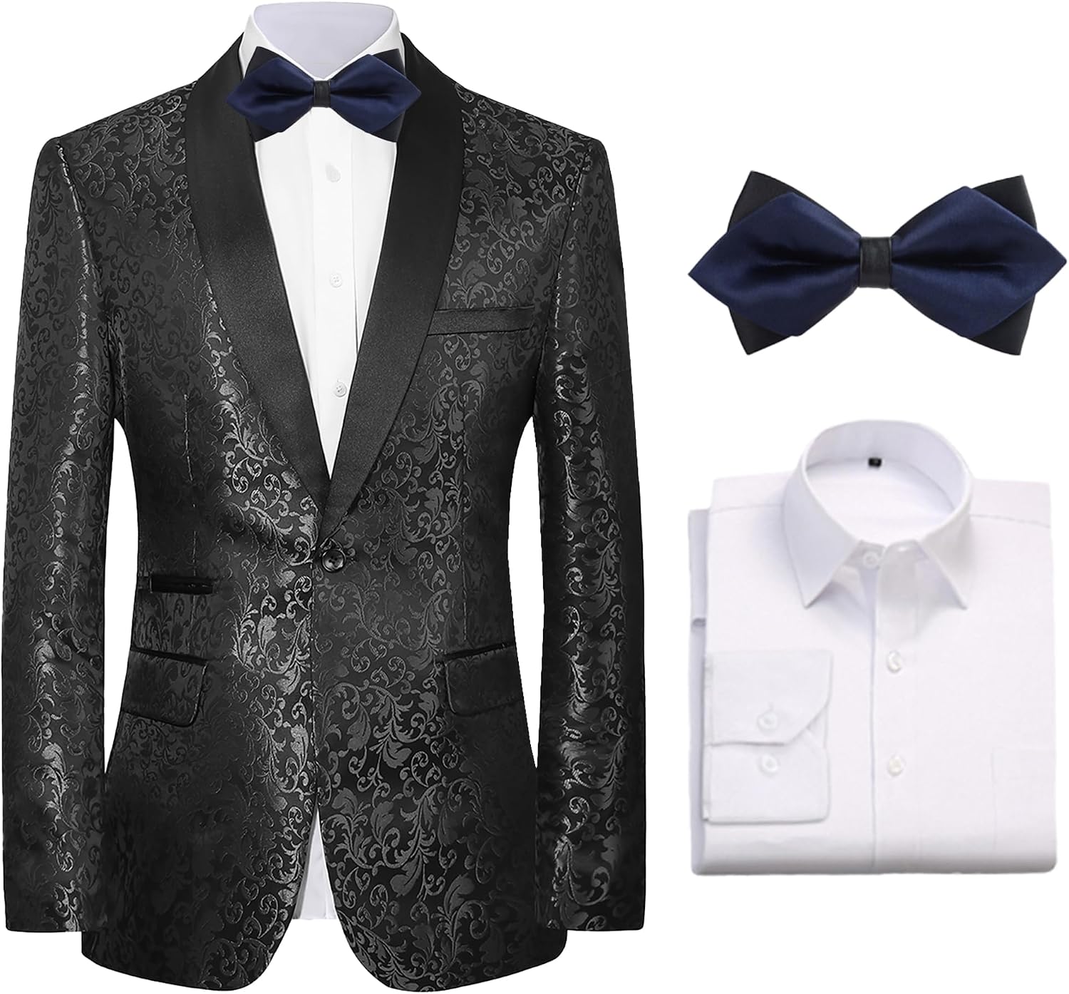 Mens Slim Fit Blazer Tuxedo Jacket Printed Pattern Shawl Lapel White Shirt Bow Tie for Prom Wedding Dinner Party