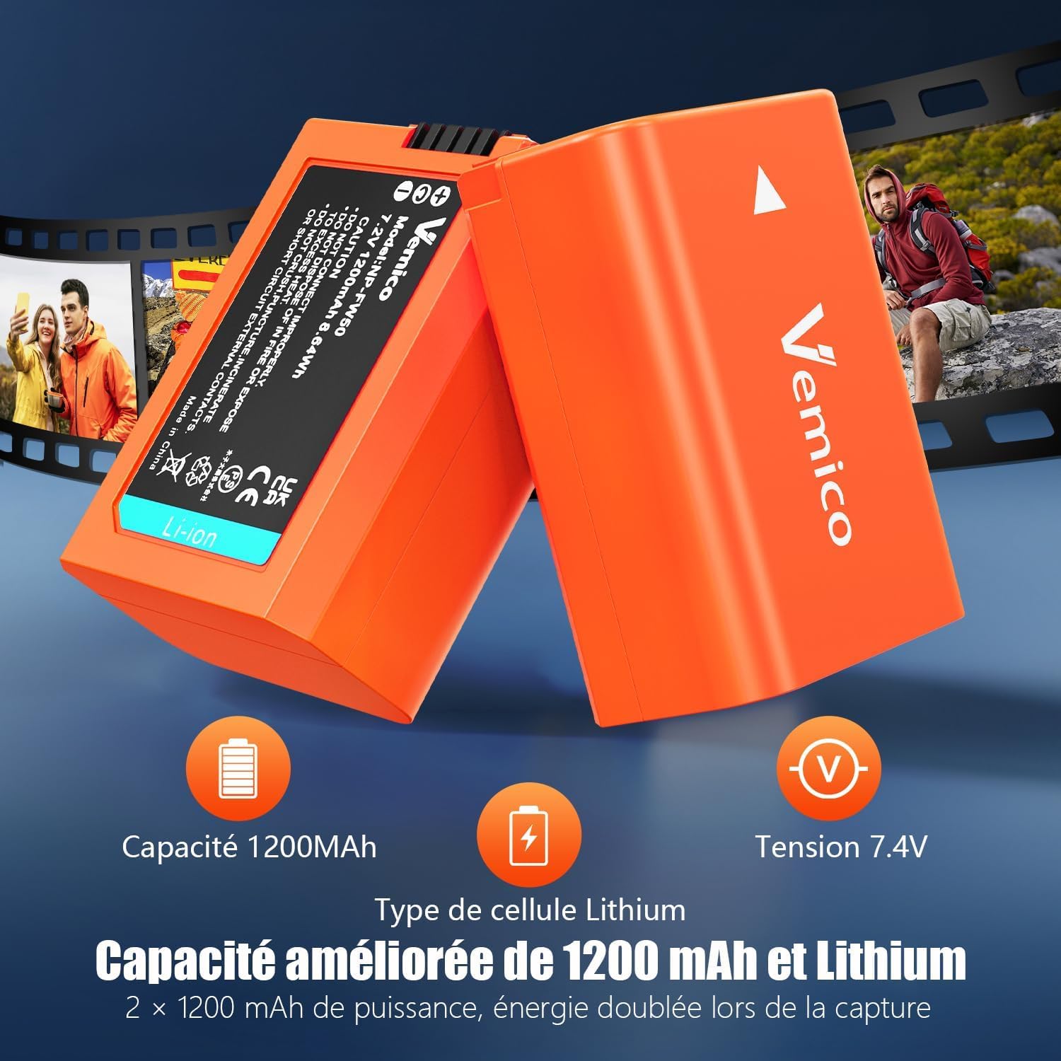 Vemico NP-FW50 Batterie Chargeur 2 Pack 1200mAh avec Double Fente Chargeur LCD Type-C pour ZV-E10 A7 A7ii A7rii A6000 A6500 A6400 A6300 A5100 A5000 RX10 A55 Nex Série 3/5/6/7 Série SLT-A