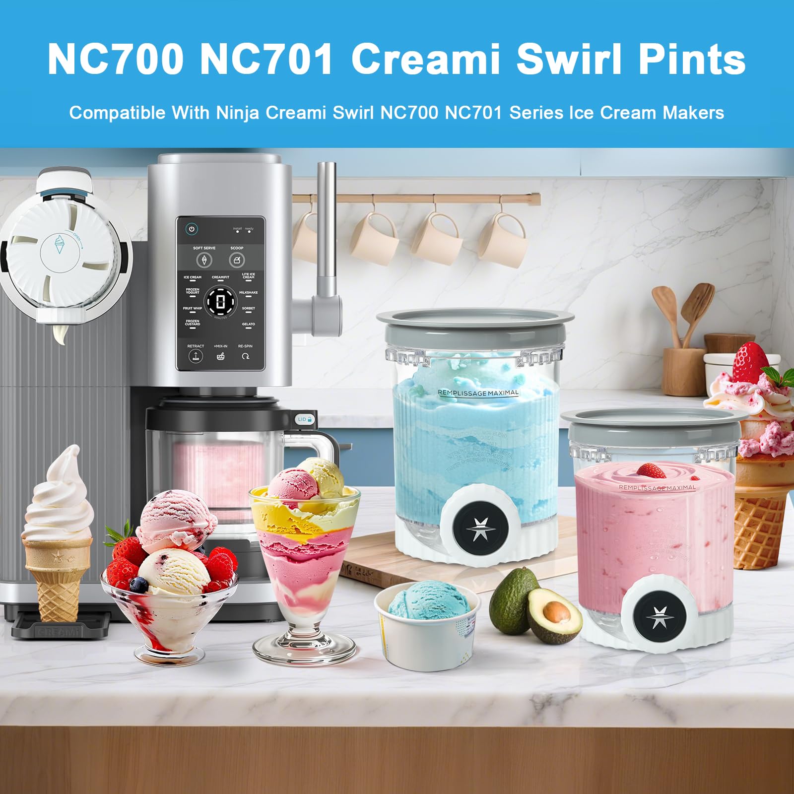 Lot de 4 récipients pour machines à crème glacée et couvercles Ninja Creami Swirl, compatibles avec Ninja NC700 et NC701, sans BPA, passent au lave-vaisselle