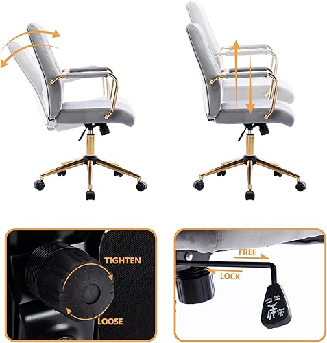 Miniatura 4 de DUHOME Sillas de escritorio de terciopelo para oficina en casa, silla de trabajo moderna dorada con ruedas para oficina, silla giratoria ajustable