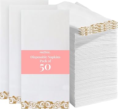 Prestee 50 Pack Disposable Hand Towels for Bathroom - Elegant Linen Feel Paper Napkins, 2-Ply - Absorbent Decorative Guest Towels for Bathroom, Wedding, and Party Use - White and Gold