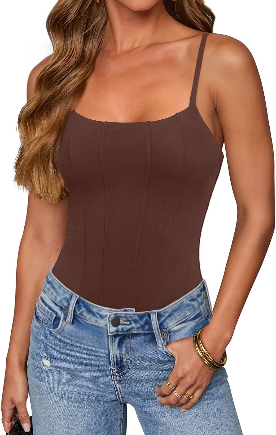 REORIA Women's Sexy Square Neck Adjustable Strap Bodysuit Sleeveless Backless Corset Tops Going Out Outfits