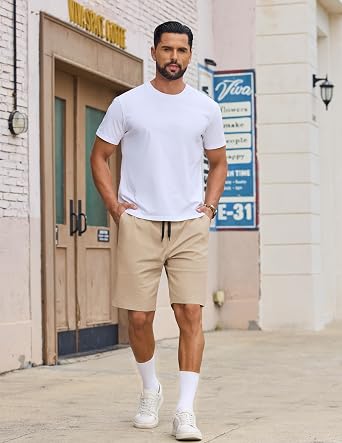 COOFANDY Mens Casual Shorts Cotton Drawstring Elastic Waist Lightweight 9 Chino Golf Shorts Summer Beach Shorts