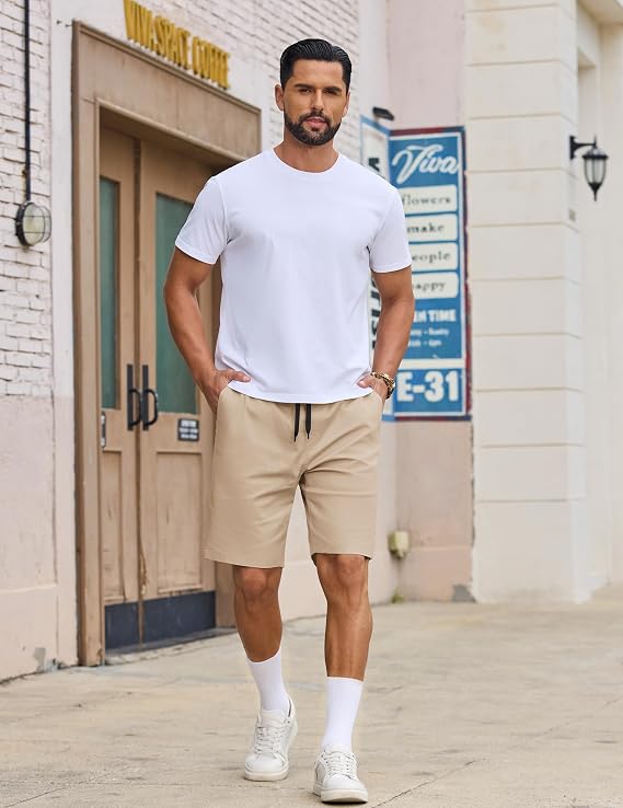 COOFANDY Mens Casual Shorts Cotton Drawstring Elastic Waist Lightweight 9 Chino Golf Shorts Summer Beach Shorts