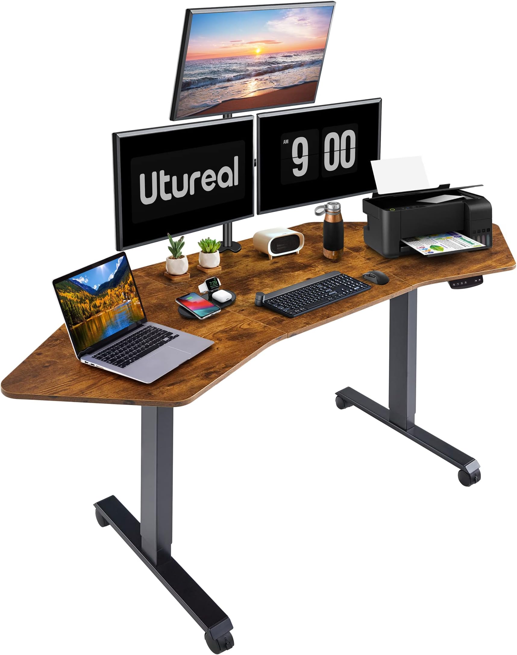 Utureal71 Inch Electric Standing Desk Dual Motor, Wing Shaped Height Adjustable Corner Desk for Home Office, Ergonomic Stand Up Desk with 3 Memory Presets, Brown Top Black Frame Sit Stand Workstation