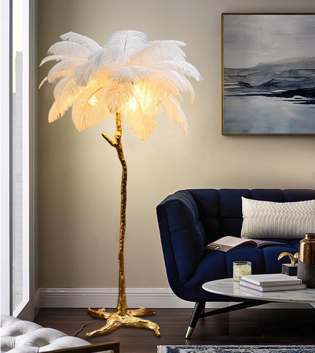 Jcgly Standing Lamp with 35 PCS Natural Ostrich Feathers, Floor Lamp with 3 Color Adjustable LED Lights, with Foot Switch, for Bedrooms and Living Room (Color : Camel, Size : 110cm x H170cm)