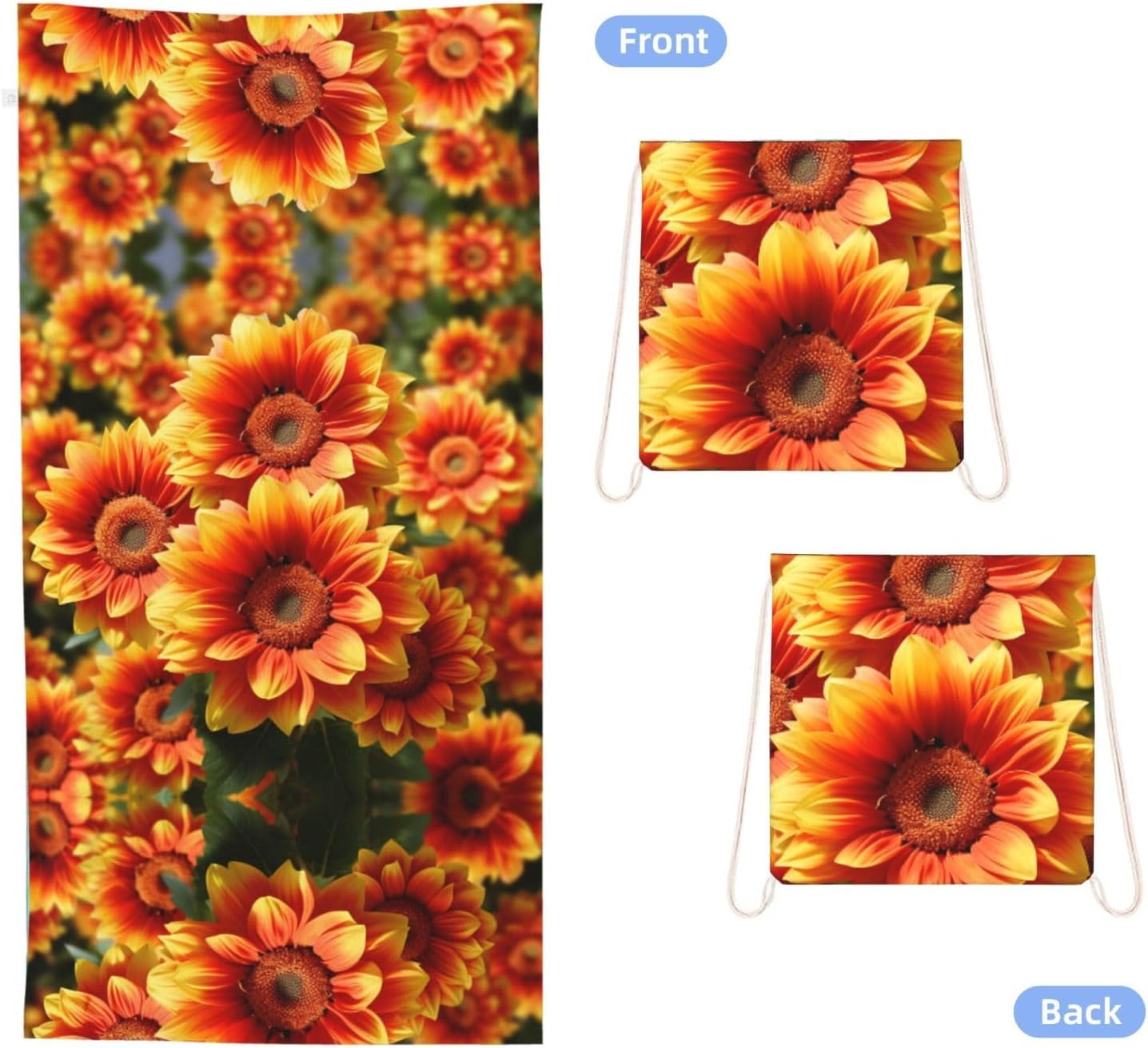 2 in 1 Packable Towel Bag,Soft Absorbent Pool Towels Backpack Quick Dry Lightweight Beach Towels Orange Sunflower Drawstring Bag for Travel Camping Sports Picnic image 2