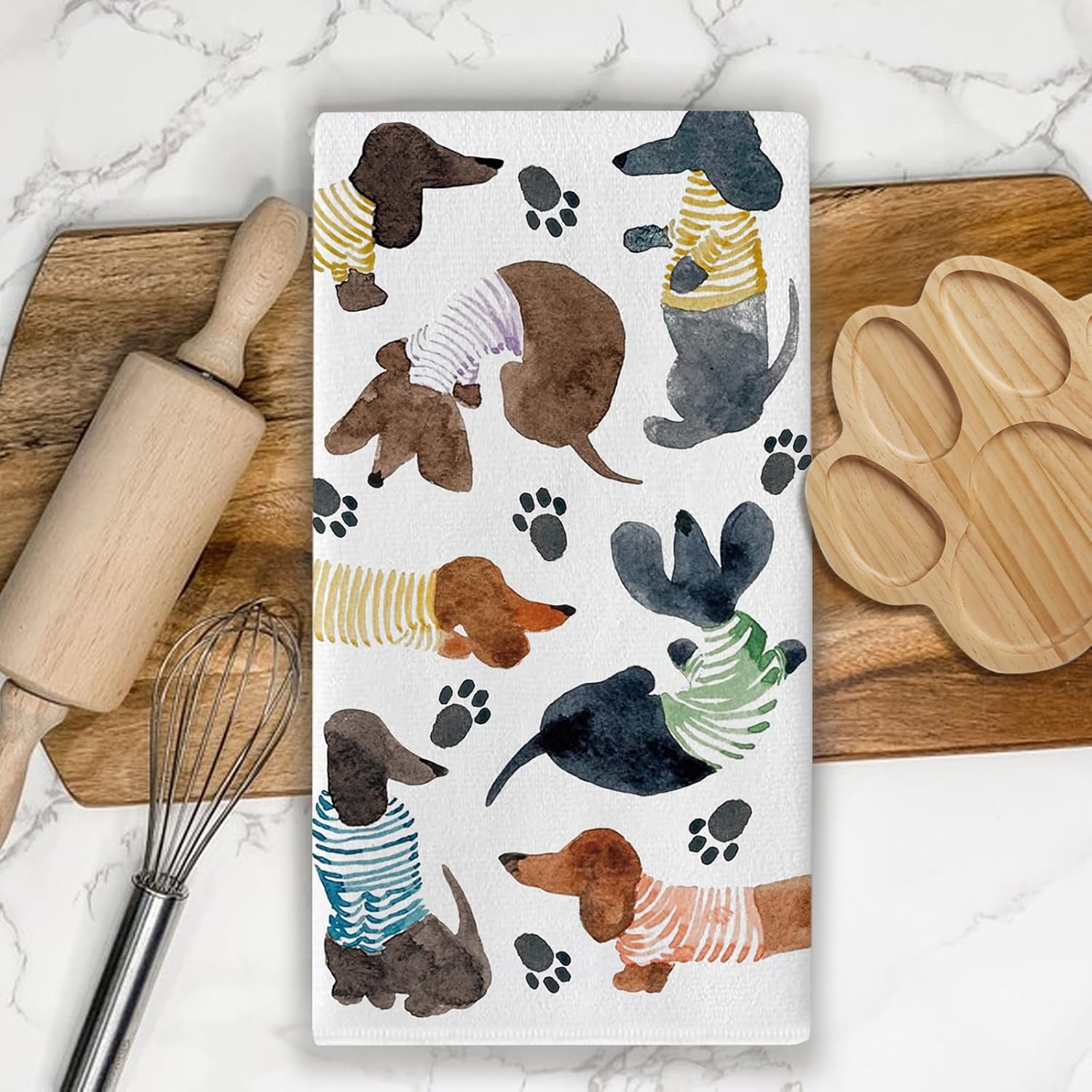 Watercolor Dachshund Dog Kitchen Dish Towels Set of 2, Funny Quotes Paw Prints Drying Hand Towel Baking Cooking Cloth, Bathroom Home Decoration Pet Dog Owner Lover Gifts 18'' x 26'' - Image 5