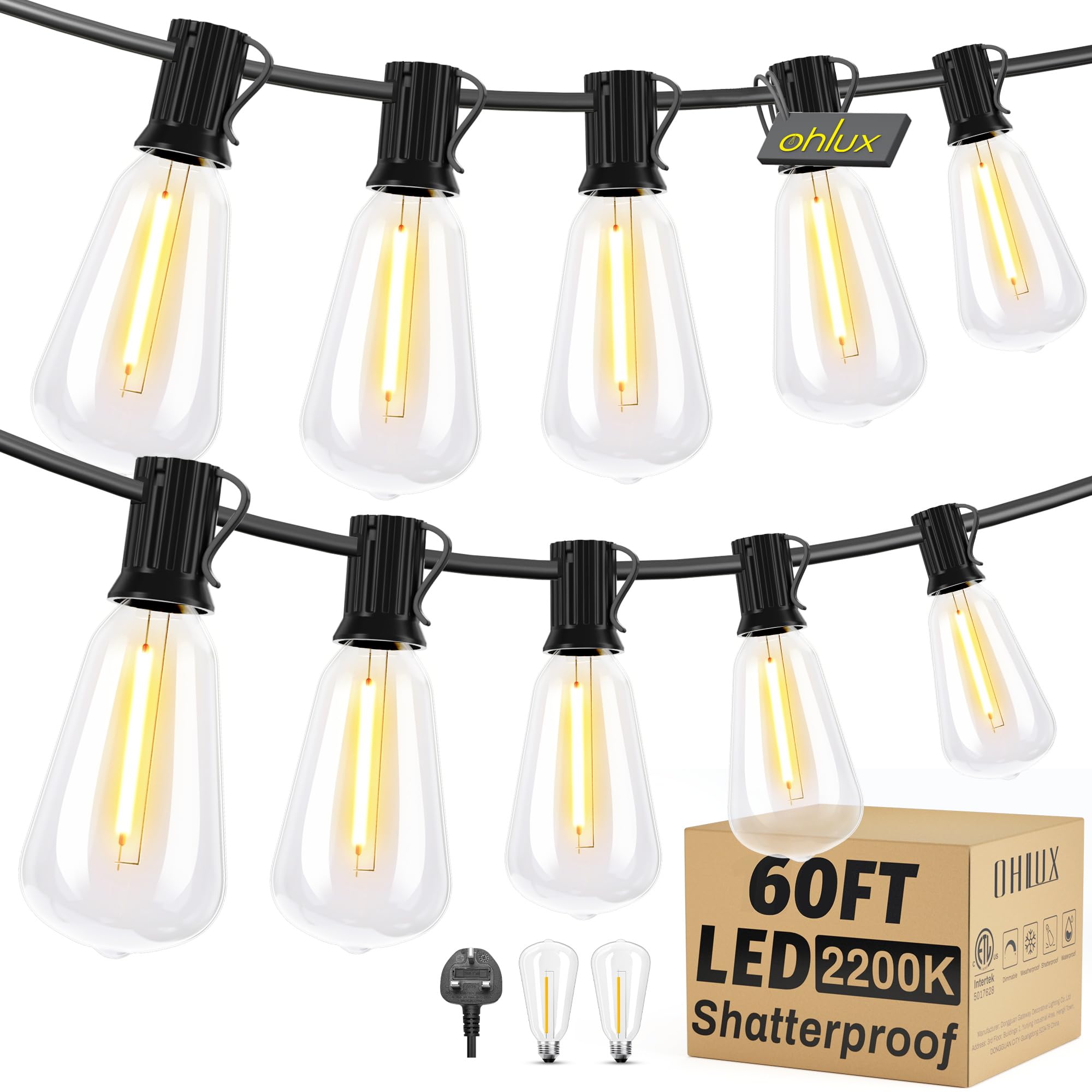 OHLUX 60FT/18m Outside Lights Mains Powered with 32 ST38 Vintage LED Edison Bulbs, E12 Festoon Garden Lights, 2200K, IP65 Waterproof, Shatterproof, Connectable for Deck, Balcony, Gazebo, Cafe
