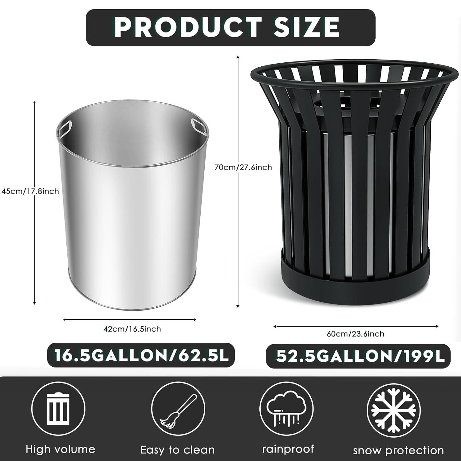 27.6IN Round Large Outdoor Trash Can, Heavy Duty Metal Slatted Garbage Can Outdoor, All Weather Resistant Commercial Garbage Cans, Waste Receptacle in Park, School, Beach, Patio Black