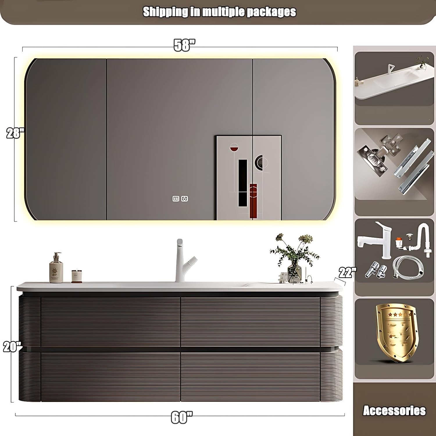 Bathroom Vanity with Sink - Elegant Bathroom Sink Cabinet & LED Smart Defogger Mirror Cabinet Set, Wall-Mounted Floating Vanity with 4 Storage Drawers, Gift for Her (60")