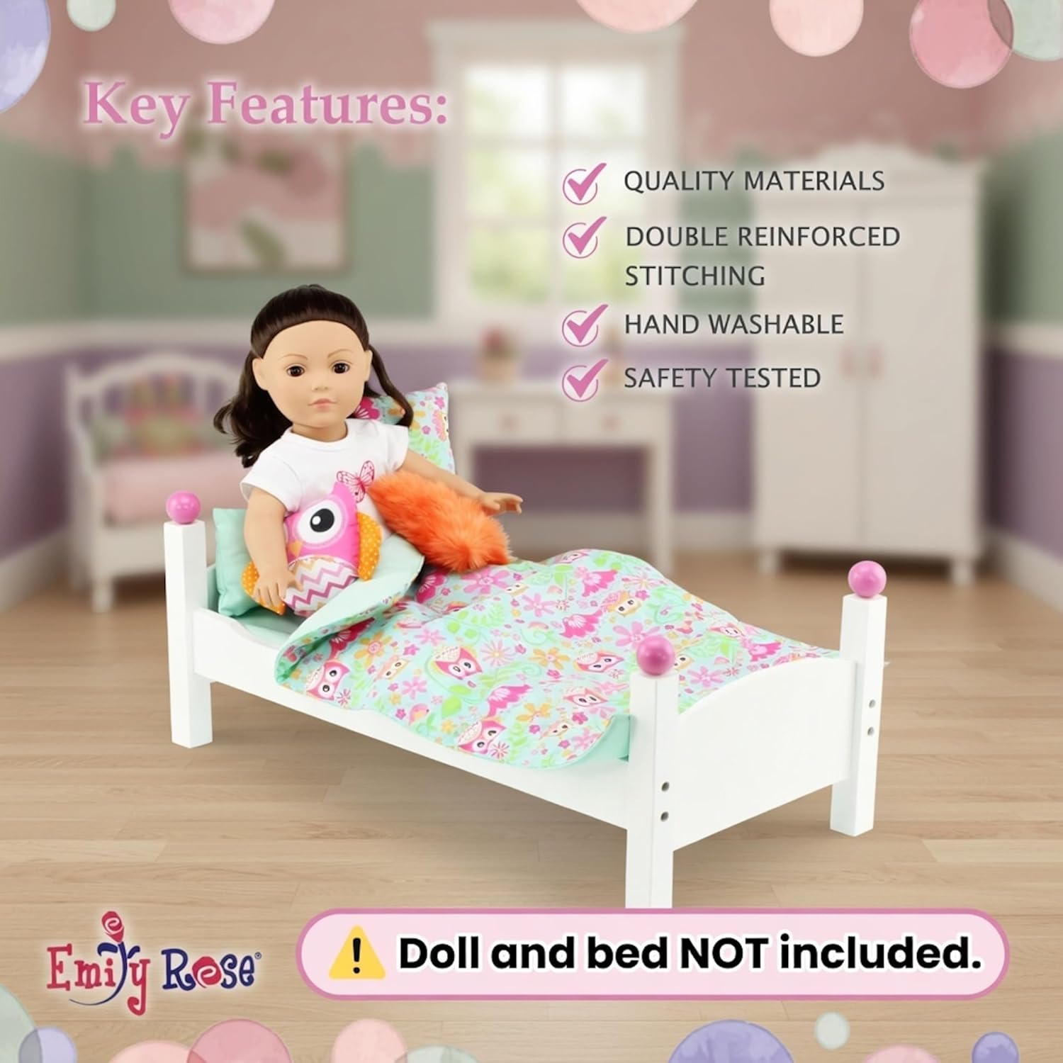 Emily Rose 18 Inch Doll Owl Bedding Set - 6 Piece Reversible Comforter, Sheet & 4 Pillows (Owl + Fluffy Accent) - Fits American Girl Doll Beds, Bunks, Cribs & Cradles - Cute Owl Theme Gift for Girls