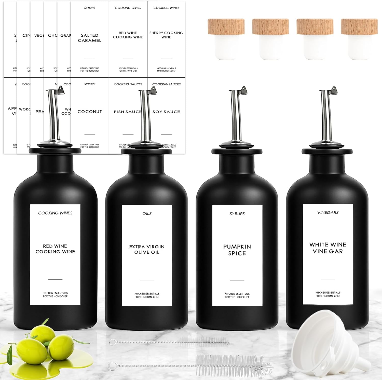 4PCS Olive Oil Dispenser Bottle For Kitchen, Soy Sauce Dispenser w. Labels, Glass Oil and Vinegar Dispenser Set, Coffee Syrup Dispenser，Cooking Oil Dispenser (Black,12OZ)