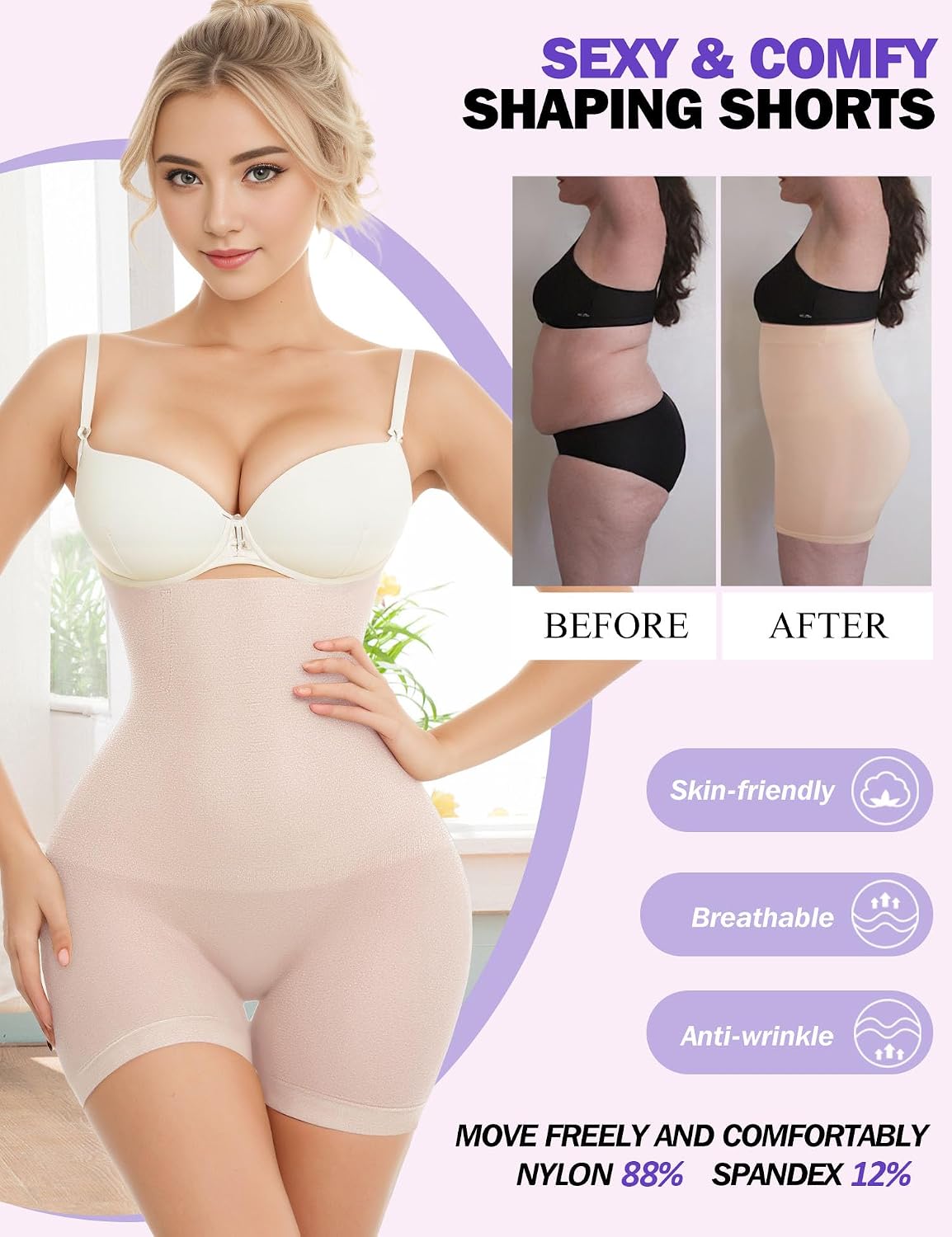 ZENUTA Tummy Control Shapewear Shorts for Women, High Waisted Body Shaper Seamless Shorts Underdress Thigh Slimmers