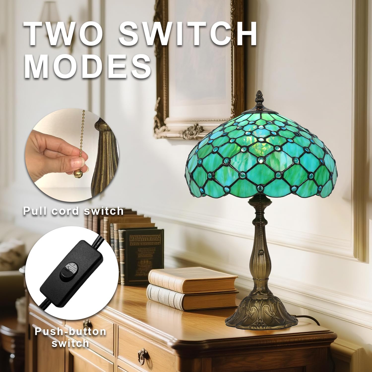 Tiffany Lamp,W12H19 Inch Stained Glass Table Lamp,Antique Desk Light,Art Decor Table Lamp(Sea Blue Pearl Style)