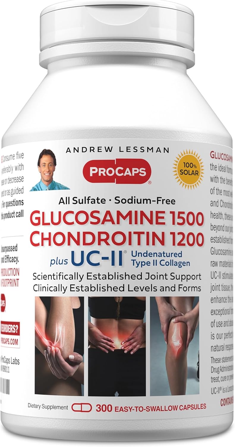 Andrew Lessman Glucosamine Chondroitin + UC-II – 300 Capsules – 100% Sulfate Form, Research Established Ingredients and Levels for Support of Healthy Joint Tissue. Small Easy to Swallow Capsules
