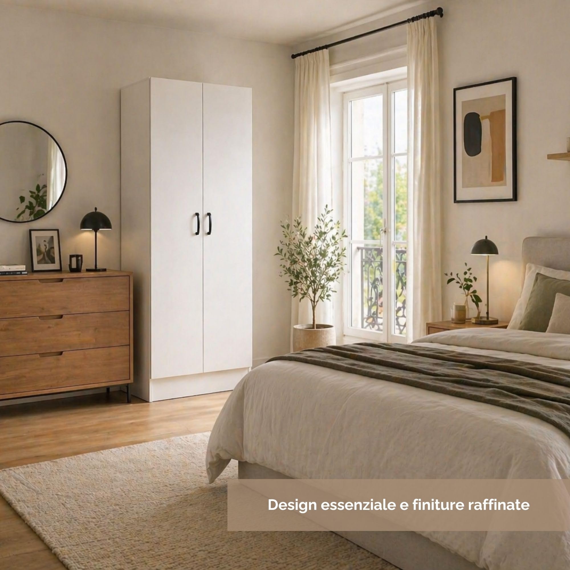 Armadio da Arredo in Legno MDF 60X42X180h CM - 2 Ante, 1 Ripiano, Asta Appendiabiti, per Camera da Letto, Mobile Versatile, Guardaroba, Salvaspazio, Maniglie - Texture Venata (Bianco)