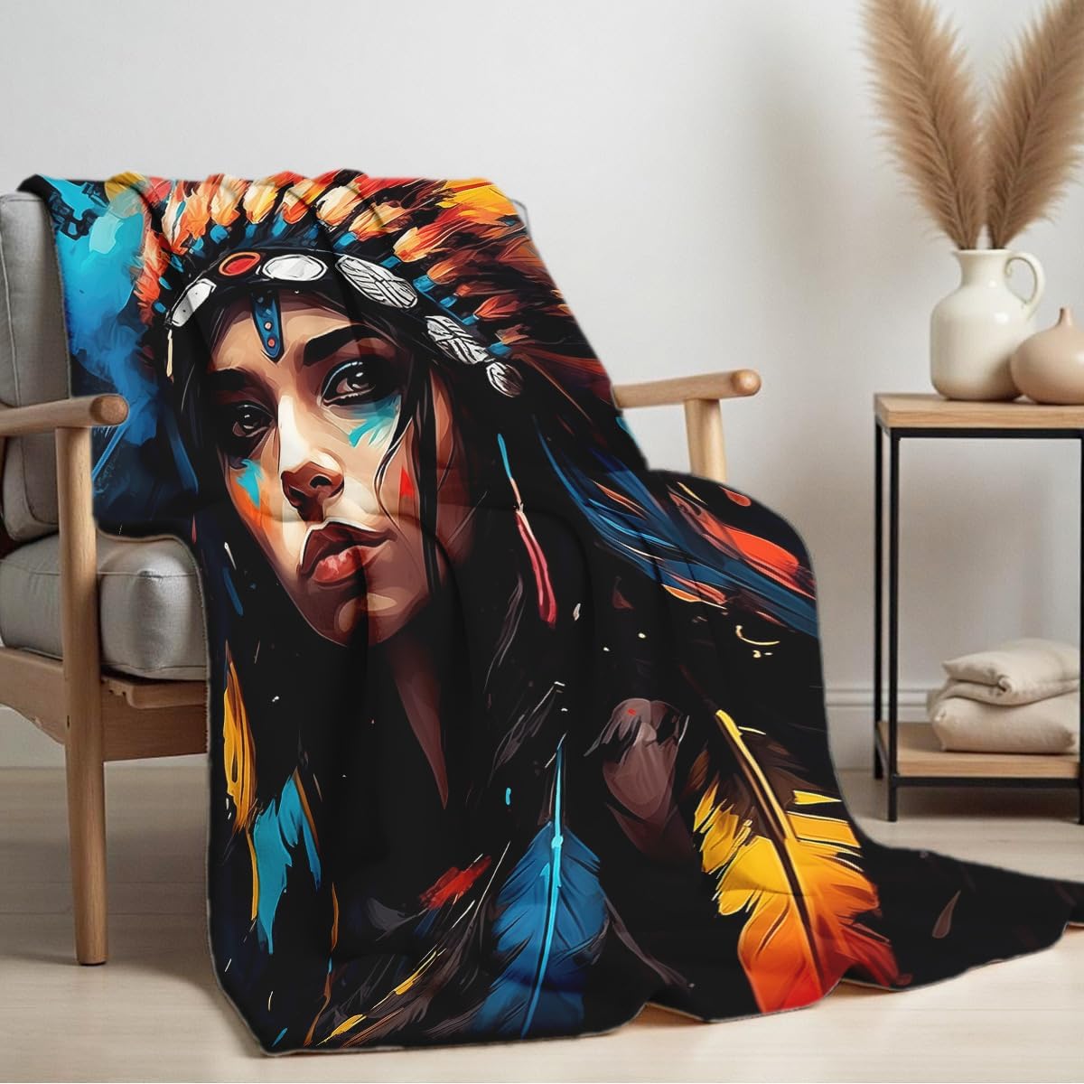 Native American Indian Style Blankets Queen Size Native American Indian Gifts Western Decor Throw Blankets Bedding Warm Soft Flannel for Bed Couch (49"x59") - Image 3