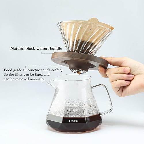 Miniatura 4 de Lalord Gotero de café con 100 filtros de papel V60, mango de nogal y vidrio de borosilicato, gotero de café de vidrio, soporte para 1-4 tazas