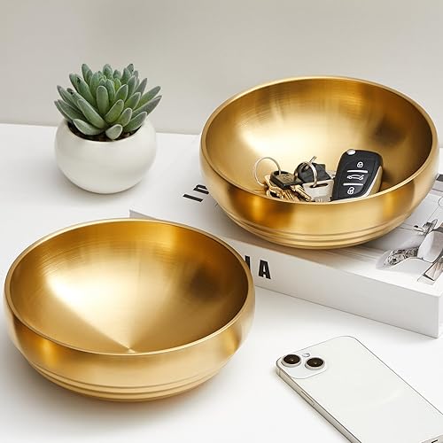 2 Pcs 7.4 Inch Large Decorative Bowl Gold Key Dish for Entryway Table Key Holder Gold Bowls Coffee Tables Centerpiece for Kitchen Counter and Home Decoration