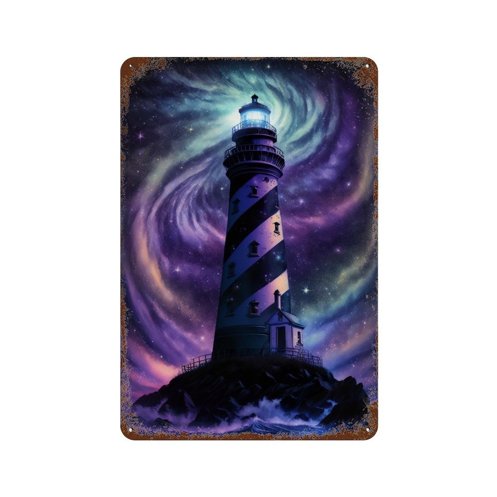 Galactic Lighthouse Weathered Tin Sign 11.8"x7.9", Rustic Home Decor for Garage, Pub Or Kitchen