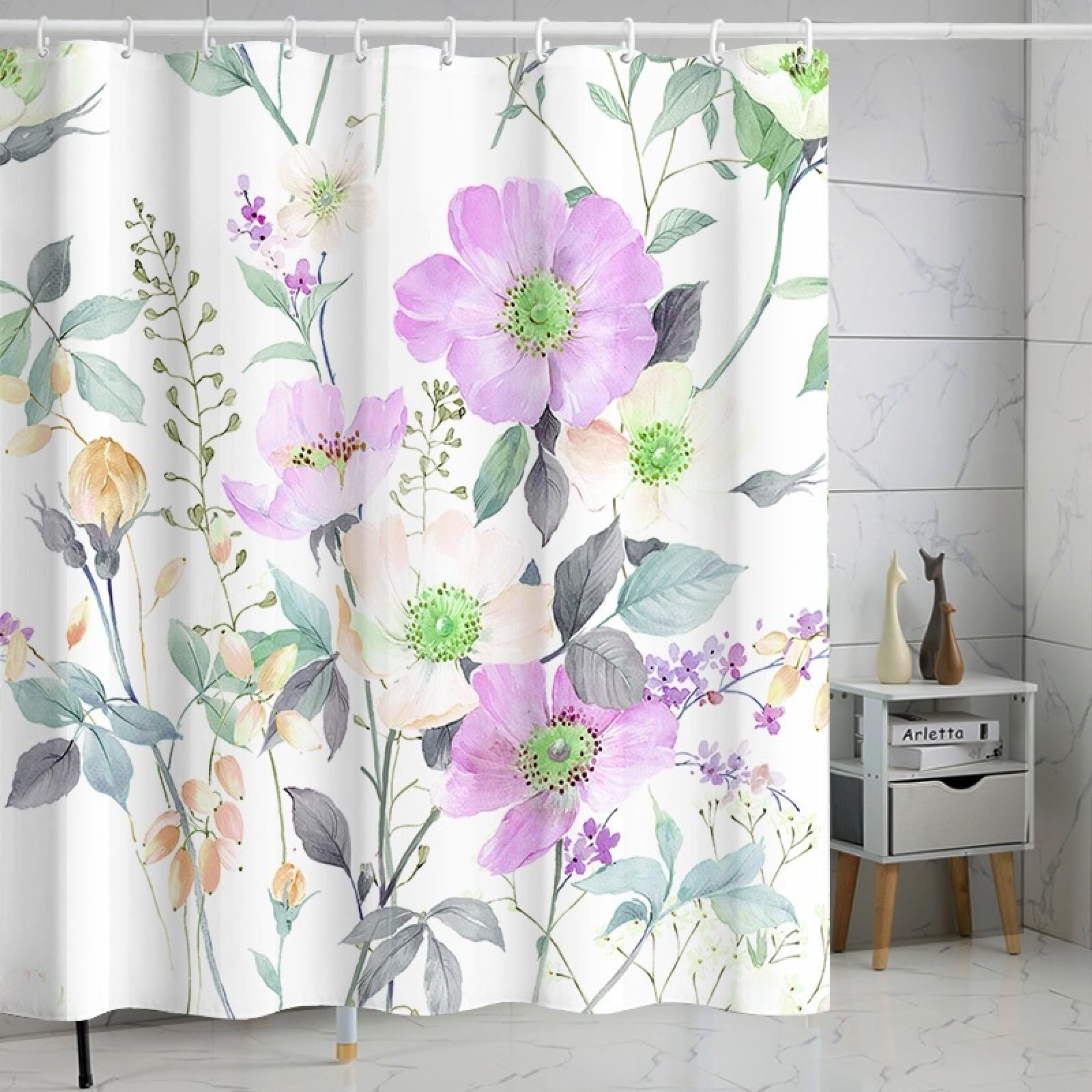 Shower Curtains Pink Flower Leaves Wet Room Shower Curtain Mould Proof Resistant Waterproof Polyster Fabric Washable with 12 Hooks Garden Bathroom Curtains (180x180cm)