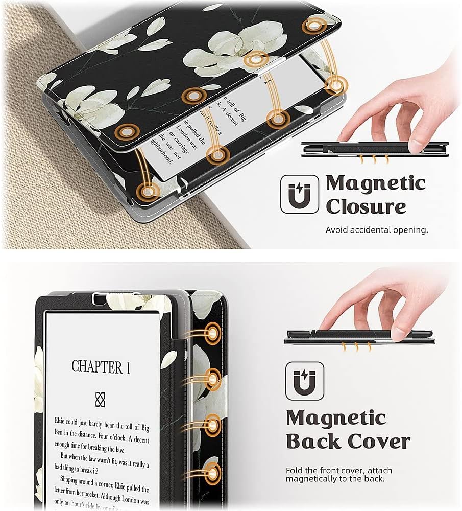 Sahara - Indy Series Hand Strap Case for Amazon Kindle Paperwhite (11th Gen, 2021-2022) & Signature Edition (2022), Black Floral, (TB00189)