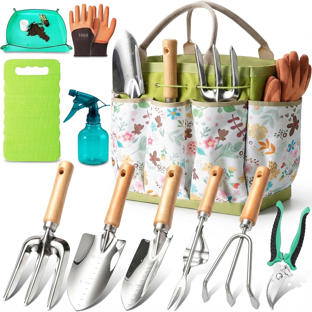 Juego de herramientas de jardín de 11 piezas de herramientas manuales de jardinería resistentes: acero inoxidable resistente al óxido con bolsa organizadora de herramientas de jardín elegante y duradera, regalo de jardinería perfecto para mujeres, mamás y amantes del jardín
