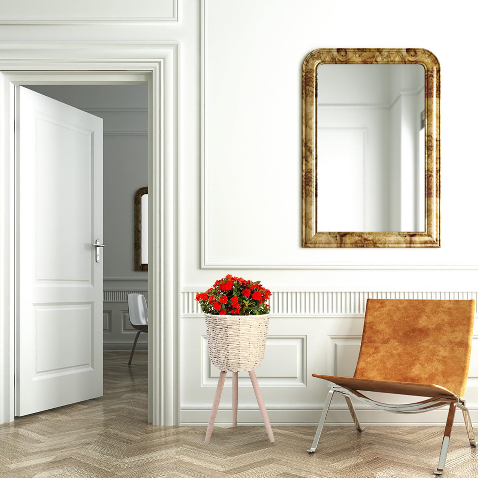 Vaso da Fiori da Pavimento in Rattan Beige, 1 Pezzo