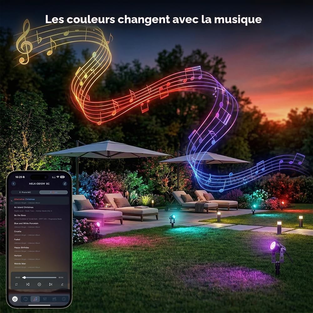 8 éclairage de jardin LED RGBW 24V 24W avec Timer Télécommande APP Dimmable projecteur de jardin blanc chaud avec piquet Spots LED Jardin Extérieur, IP65 étanche Lumière Extérieur Projecteur