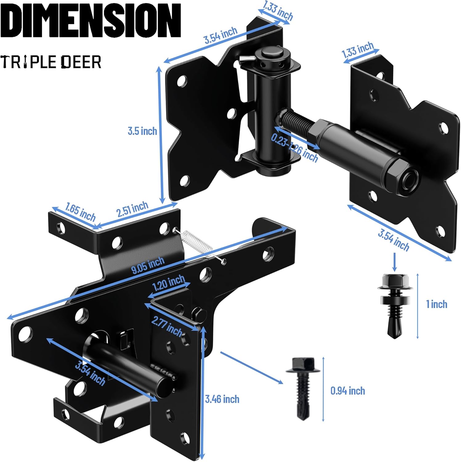 TRIPLE DEER Heavy Duty Self-Closing Gate Hinge and Self-Locking Latch Hardware Kit, Stainless Steel Automatic Gate Hardware Kit for Wooden/Vinyl/PVC Fence Gate with Screws and Adjuster Tool, 2 Pack
